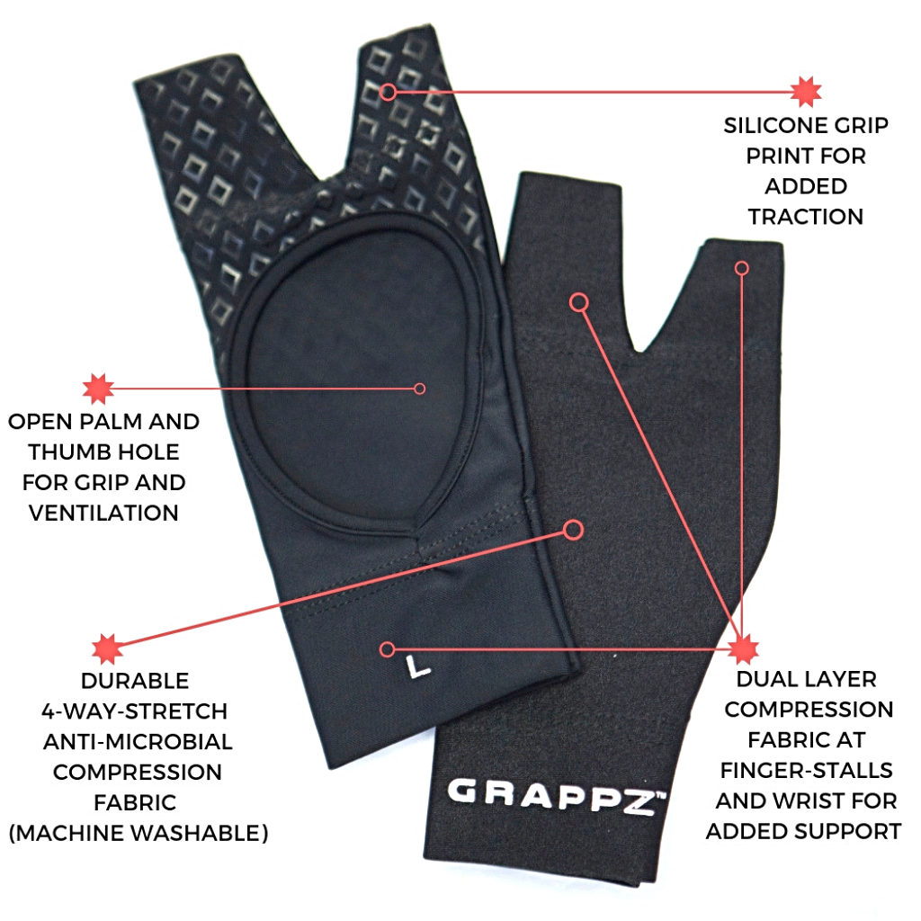 Grappz finger protection grappling gloves made from anti-microbial four way stretch compression fabric to combat arthritis, finger jams and dislocations