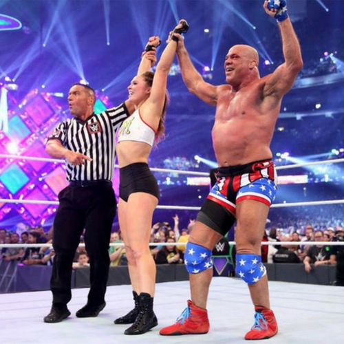 At Wrestlemania 34, Olympic gold medalist in freestyle wrestling and WWE champion, Kurt Angle and UFC champ, Ronda Rousey wearing Grappz finger support compression gloves for grip strength as a better alternative to finger tape.