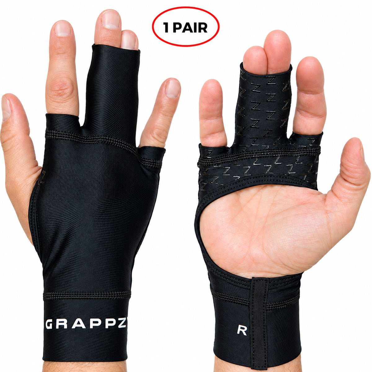 Two black fingerless compression gloves shown on hands, with one glove on the left and one on the right, against a plain white background. A red oval at the top reads '1 PAIR'.