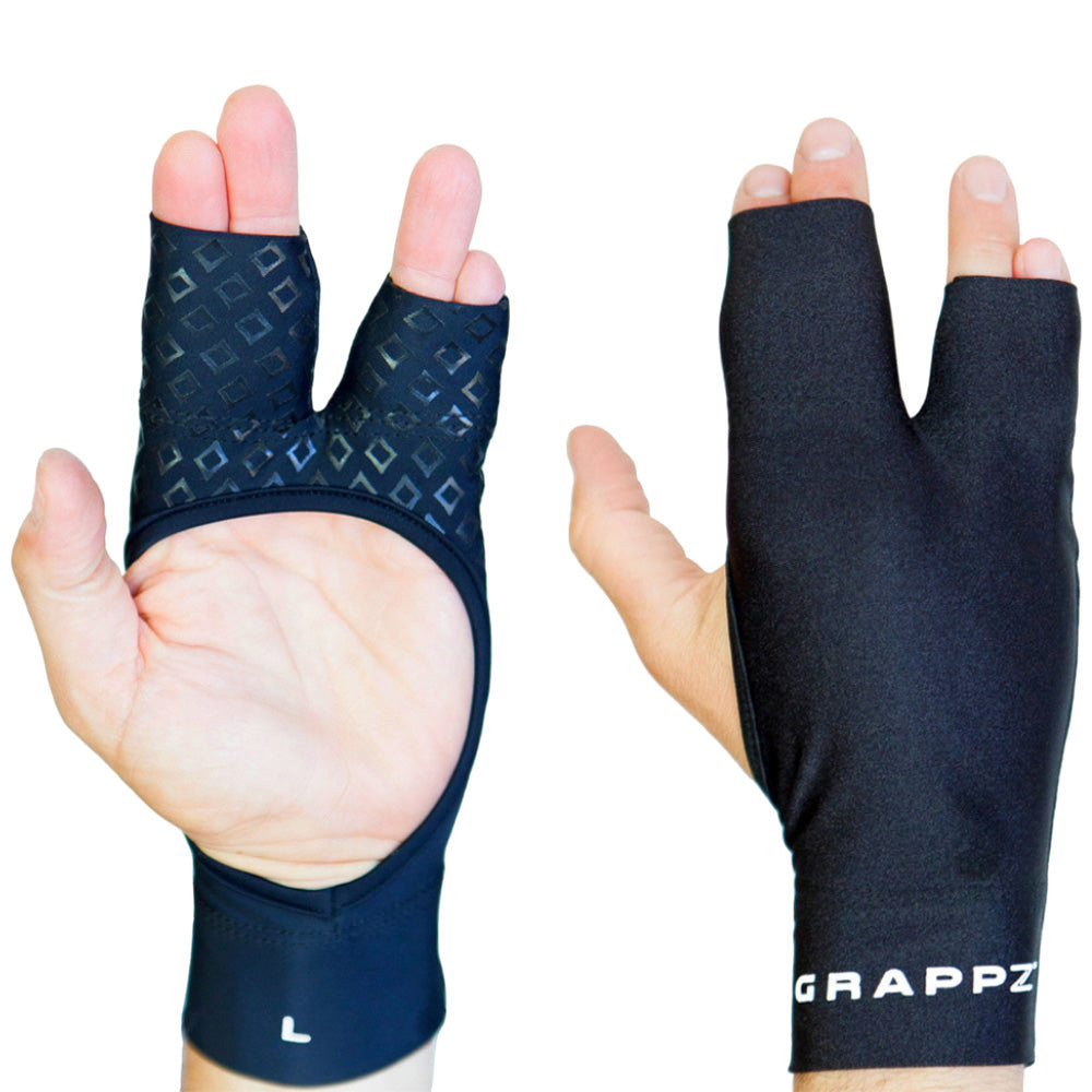 Black finger support gloves with open palm and dual finger sleeves