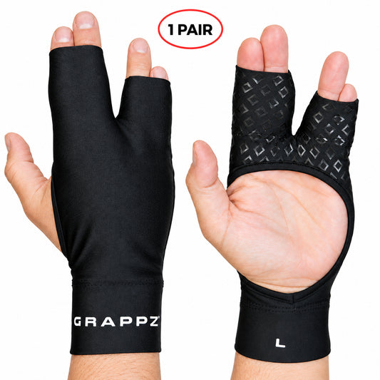 A pair of finger support athletic gloves shown on hands GRAPPZ visible near the wrist.