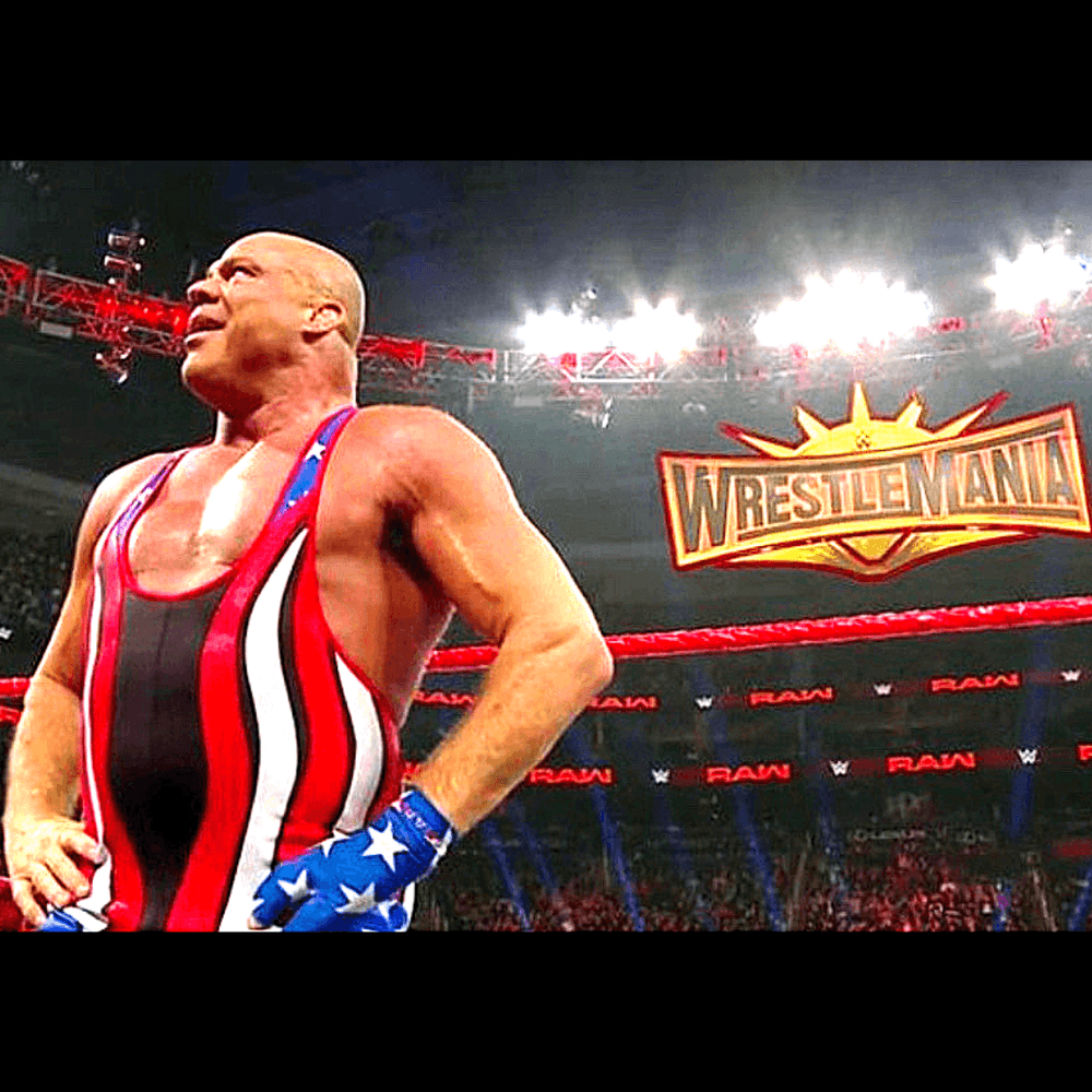 Wrestler wearing patriotic singlet and gloves at WrestleMania