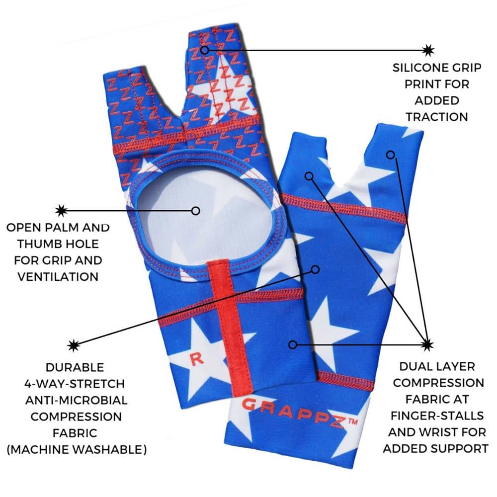 Blue star-patterned Grappz finger splint gloves